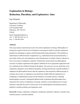 Explanation in Biology: Reduction, Pluralism, and Explanatory Aims