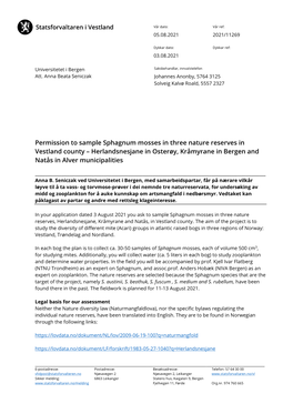 Permission to Sample Sphagnum Mosses in Three Nature Reserves in Vestland County – Herlandsnesjane in Osterøy, Kråmyrane in Bergen and Natås in Alver Municipalities