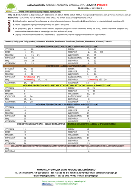 HARMONOGRAM ODBIORU ODPADÓW KOMUNALNYCH - GMINA PONIEC 01.01.2021 R