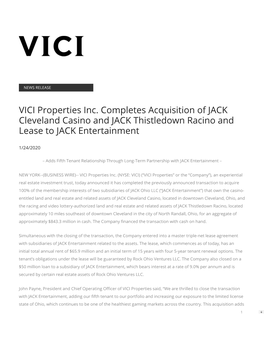VICI Properties Inc. Completes Acquisition of JACK Cleveland Casino and JACK Thistledown Racino and Lease to JACK Entertainment