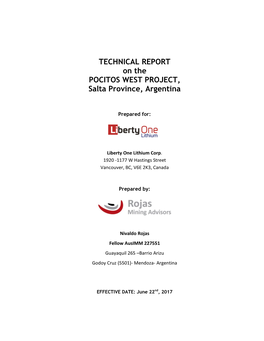 TECHNICAL REPORT on the POCITOS WEST PROJECT, Salta Province, Argentina