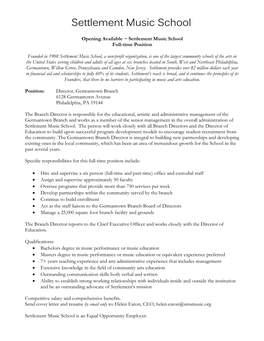 Settlement Music School Full-Time Position