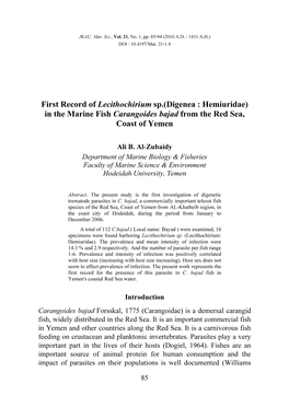 First Record of Lecithochirium Sp.(Digenea : Hemiuridae) in the Marine Fish Carangoides Bajad from the Red Sea, Coast of Yemen