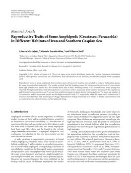 Reproductive Traits of Some Amphipods (Crustacea: Peracarida) in Different Habitats of Iran and Southern Caspian Sea