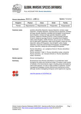 Rumex Obtusifolius Global Invasive Species Database (GISD)