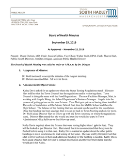 Board of Health Minutes September 25, 2019