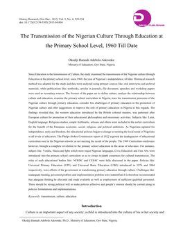 The Transmission of the Nigerian Culture Through Education at the Primary School Level, 1960 Till Date