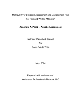 Malheur River Subbasin Assessment and Management Plan for Fish and Wildlife Mitigation
