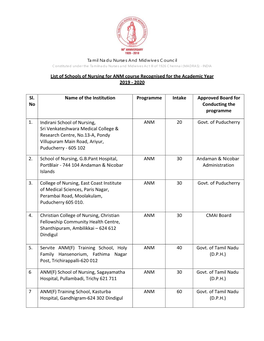 List of Schools of Nursing for ANM Course Recognised for the Academic Year 2019 - 2020
