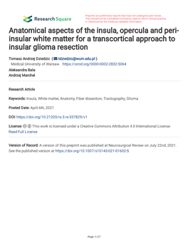 Anatomical Aspects of the Insula, Opercula and Peri- Insular White Matter for a Transcortical Approach to Insular Glioma Resection