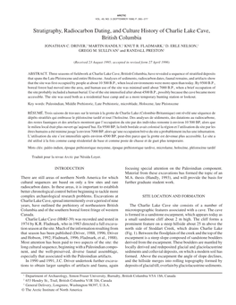 Stratigraphy, Radiocarbon Dating, and Culture History of Charlie Lake Cave, British Columbia JONATHAN C