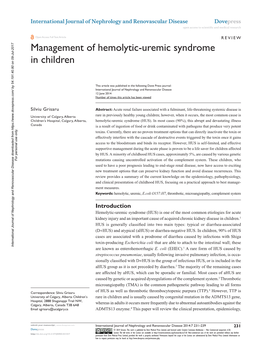 Management of Hemolytic-Uremic Syndrome in Children