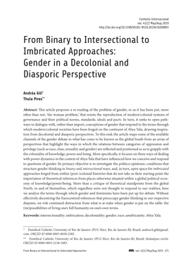 From Binary to Intersectional to Imbricated Approaches: Gill & Pires Gender in a Decolonial and Diasporic Perspective