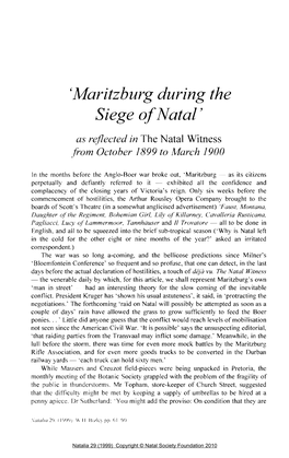 Maritzburg During the Siege of Natal, As Reflected in the Natal Witness October 1899 to March