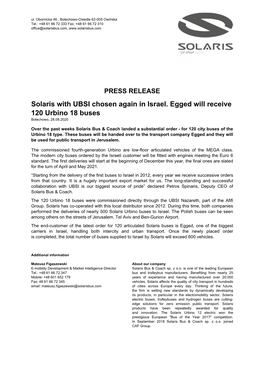 PRESS RELEASE Solaris with UBSI Chosen Again in Israel. Egged Will