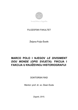Marco Polo I Njegov Le Divisiment Dou Monde (Opis Svijeta): Fikcija I Fakcija U Književnoj Historiografiji