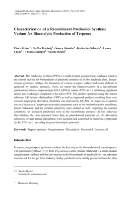 Characterisation of a Recombinant Patchoulol Synthase Variant for Biocatalytic Production of Terpenes