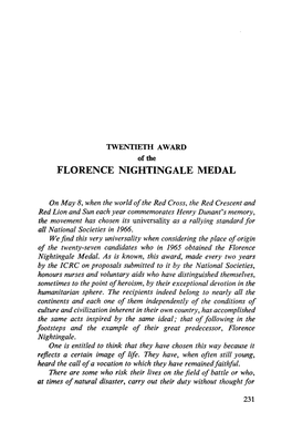 TWENTIETH AWARD of the FLORENCE NIGHTINGALE MEDAL