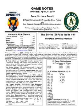 GAME NOTES Thursday, April 25, 2019