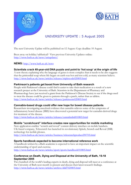 UNIVERSITY UPDATE : 5 August 2005