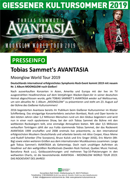 PRESSEINFO Tobias Sammet's AVANTASIA Moonglow World Tour 2019 Deutschlands International Erfolgreichstes Symphonic-Rock-Event Kommt 2019 Mit Neuem Nr