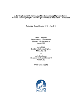 A Calving Ground Photo Survey of the Qamanirjuaq Migratory Barren-Ground Caribou (Rangifer Tarandus Groenlandicus) Population