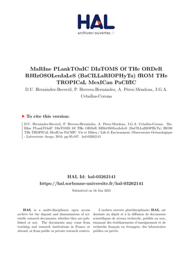 Marine Planktonic Diatoms of the Order Rhizosoleniales (Bacillariophyta) from the Tropical Mexican Pacific D.U