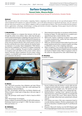 Surface Computing Ihemant Yadav, Iibhawna Madan I,Iicomputer Science Department Dronacharya Group of Institutions, Greater Noida