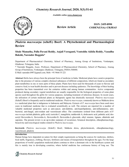 Chemistry Research Journal, 2020, 5(3):51-61 Review Article Phaleria