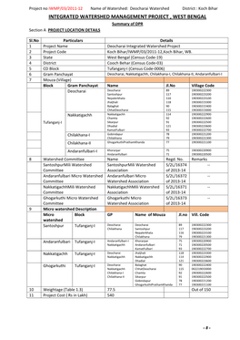 INTEGRATED WATERSHED MANAGEMENT PROJECT , WEST BENGAL Summary of DPR Section a PROJECT LOCATION DETAILS