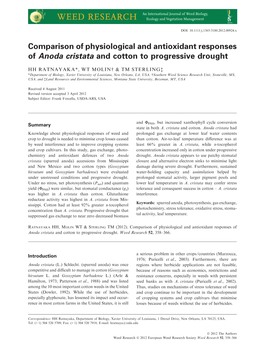 Comparison of Physiological and Antioxidant Responses of Anoda Cristata and Cotton to Progressive Drought