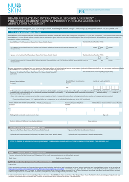 Brand Affiliate and International Sponsor Agreement - Philippines Resident Country Product Purchase Agreement Arbitration Agreement