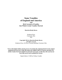 Some Venables of England and America and Brief Accounts of Families Into Which Certain Venables Married