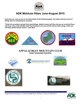 ADK Mohican Hikes June-August 2015 APPALACHIAN MOUNTAIN