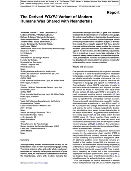 Report the Derived FOXP2 Variant of Modern Humans Was Shared with Neandertals