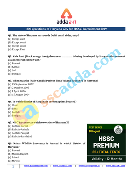 200 Questions of Haryana GK for HSSC Recruitment 2019