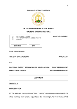 City of Cape Town Vs National Regulator of South Africa and Minister of Energy