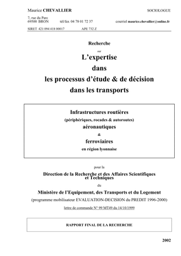 L'expertise Dans Les Processus D'étude & De Décision Dans Les Transports