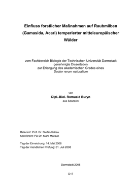 Einfluss Forstlicher Maßnahmen Auf Raubmilben (Gamasida, Acari) Temperierter Mitteleuropäischer Wälder