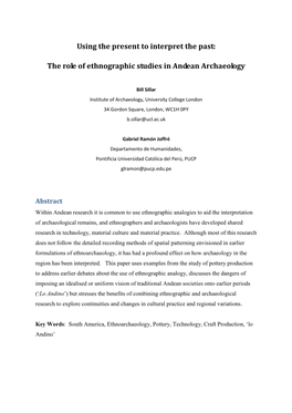 The Role of Ethnographic Studies in Andean Archaeology