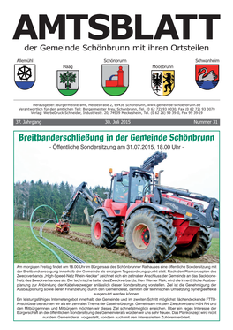 Breitbanderschließung in Der Gemeinde Schönbrunn - Öffentliche Sondersitzung Am 31.07.2015, 18.00 Uhr