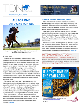 FOR ONE and ONE for ALL TIMONIUM, MD - the Fasig-Tipton Midlantic 2-Year-Olds in the Goffs Arqana 2020 Breeze up Sale Begins on Wednesday