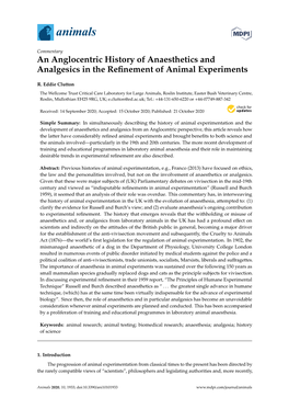 An Anglocentric History of Anaesthetics and Analgesics in the Reﬁnement of Animal Experiments