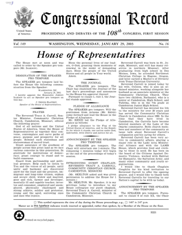 Congressional Record United States Th of America PROCEEDINGS and DEBATES of the 108 CONGRESS, FIRST SESSION