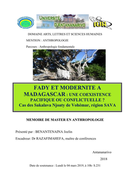 FADY ET MODERNITE a MADAGASCAR : UNE COEXISTENCE PACIFIQUE OU CONFLICTUELLE ? Cas Des Sakalava Njoaty De Vohémar, Région SAVA