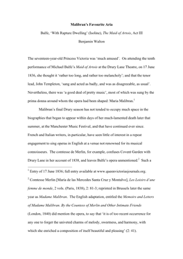 Malibran's Favourite Aria Balfe, 'With Rapture Dwelling' (Isoline), the Maid of Artois, Act III Benjamin Walton the Sevent