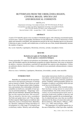 Butterflies from the Uberlândia Region, Central Brazil: Species List and Biological Comments