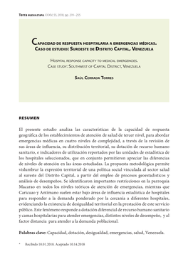 Capacidad De Respuesta Hospitalaria a Emergencias Médicas. Caso De Estudio: Suroeste De Distrito Capital, Venezuela