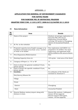 Appendix – 1 Application for Renewal of Environment Clearance for 5(Five) Years for Namchik Pel in Arunachal Pradesh Grante