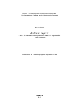 Restitutio Imperii – Az Anicius Család Szerepe Másfél Évszázad Legitimációs Törekvéseiben –